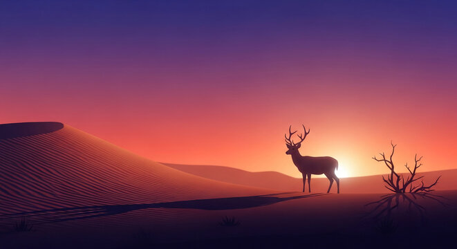 Silhouette of a deer and a dry bush in a desert landscape at sunset, symbolizing solitude, nature's beauty, and desert life