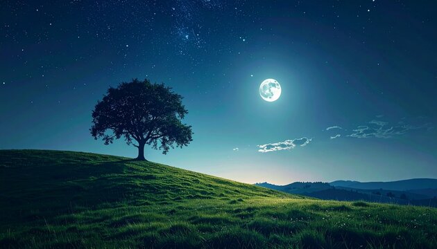 A solitary tree sits on a gentle grassy hill beneath the soft glow of moonlight and a starry night sky, creating a calm and peaceful mood, silhouette, horizon, night12