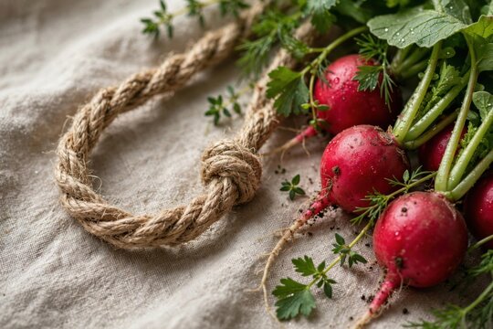 Fresh Radishes with Green Tops and Twine on Textured Fabric.