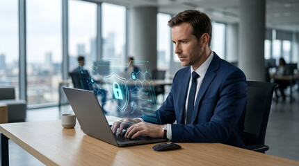 Fototapeta premium Businessman Working on Laptop with Cybersecurity Protection Interface