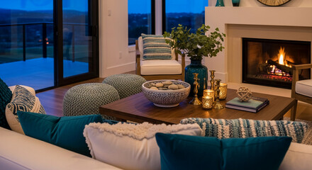 Fototapeta premium Cozy living room with fireplace, plush pillows, and decorative objects, evoking comfort and relaxation. It symbolizes a warm home sanctuary.