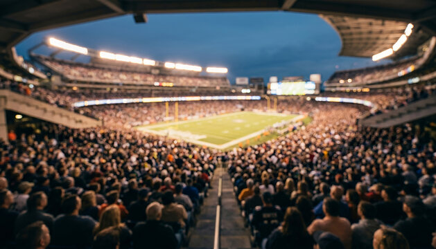 Fully blurred professional football stadium packed with spectators, soft floodlights and a distant green field creating an energetic sports atmosphere for advertising, tournaments and marketing.