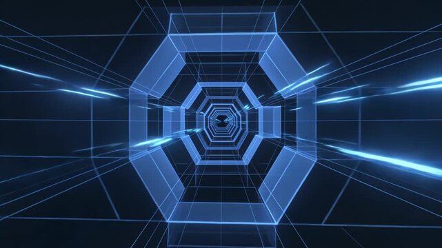 A digital tunnel of glowing blue hexagonal frames creates a sense of infinite motion.