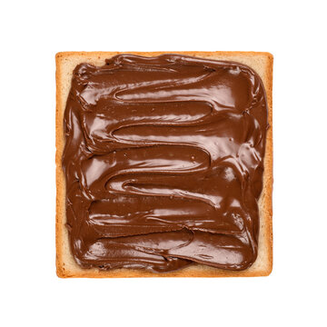 Toast bread covered with sweet chocolate hazelnut spread, isolated. Transparent PNG image.