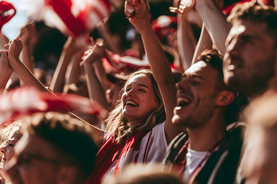 Happy Fans Celebrating Together at Football Match with Raised Arms Under Bright Sunlight