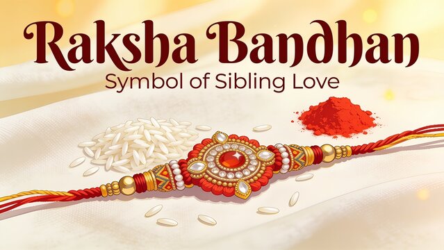 Happy Raksha Bandhan Banner Concept with Decorative Rakhi Thread, Kumkum Powder, and Rice Grains Vector Illustration