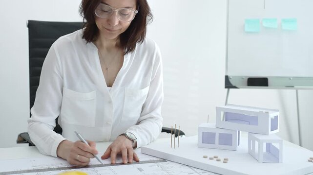 Professional female architect working on blueprints and scale models at a bright office desk, concentrating on urban planning, structural design and project development