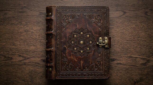 Antique leather-bound journal with embossed mandala design and metal clasp on rustic wooden table.