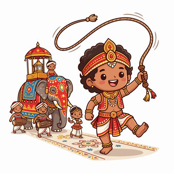 Traditional Sri Lankan Perahera Festival Parade Cartoon with Whip Cracker and Ornate Elephant Vector Illustration