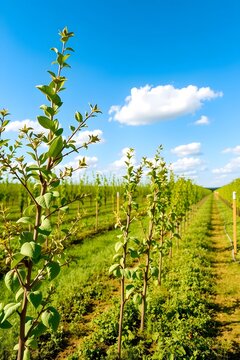 Young saplings planted in orchard rows