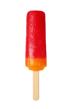 Two-toned fruit flavored frozen popsicle treat on a stick isolated. Transparent PNG image.