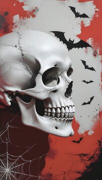 Close up of a skull with red paint splatter effect.