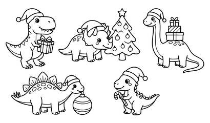 Cute Christmas Dinosaur Coloring Book Clip Art Outline Set for Kids © MdSajjad