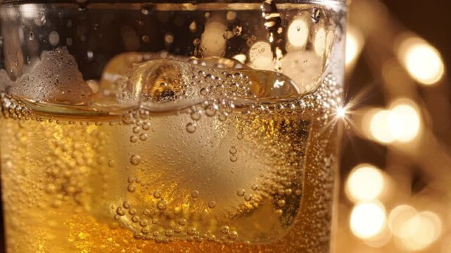 Close-up of a glass filled with fizzy beverage and ice cubes, bubbles rising to the surface against a blurred background of warm lights