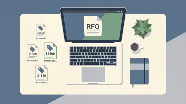 Request for quote rfq document on laptop with price tags on office desk
