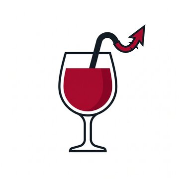 Red wine or potion glass with a devil tail straw, spooky Halloween cocktail drink