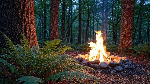 Campfire flames flicker and dance among stones in a serene forest setting, surrounded by lush green ferns and tall trees under a twilight sky
