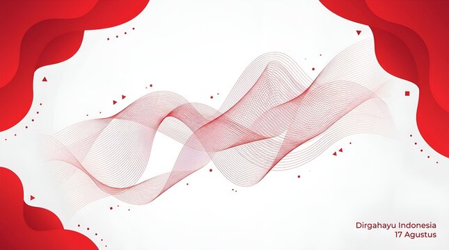 Indonesia independence day concept features abstract red waves and minimalist lines on a clean white backdrop area.