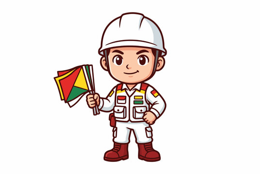 Cute Cartoon Rapid Response Worker Holding Signaling Flags