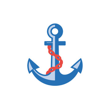 Blue boat anchor icon with a red metal chain wrapped around it for nautical design and marine theme graphic illustration isolated on transparent background, Vector