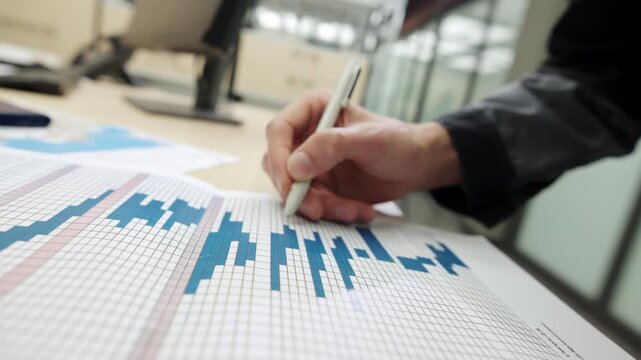 Male hand holds plastic pen over colored corporate chart. Business analytics diagram displays blue segments on white grid paper sheet