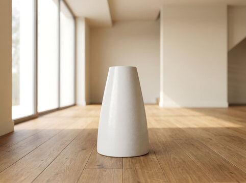 Small white robot vacuum cleaner standing on wooden floor in empty room