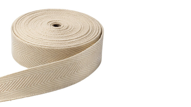 Roll coil of traditional white fabric ribbon band craft material isolated on transparent background
