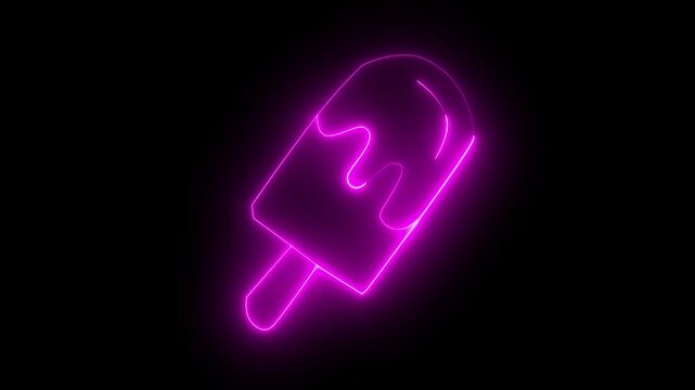  glowing neon Melting ice cream popsicle icon isolated on black background, representing frozen ice cream on stick. Motion Graphic concept.4k video animation.