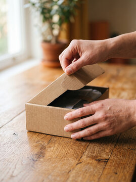 Hands Closing Flap Of Craft Cardboard Box Package