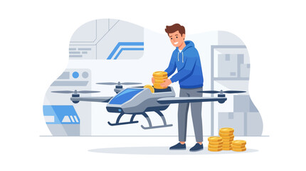 Fototapeta premium Modern worker loading golden coins onto autonomous delivery drone for fintech logistics flat vector element
