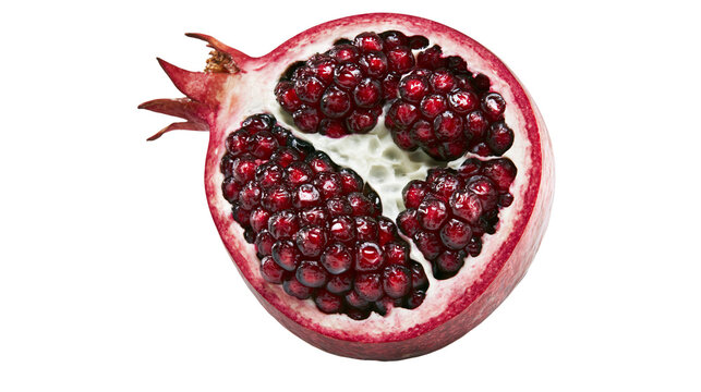Half pomegranate with juicy red arils and white pith