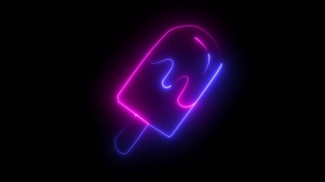  glowing neon Melting ice cream popsicle icon isolated on black background, representing frozen ice cream on stick. Motion Graphic concept.4k video animation.