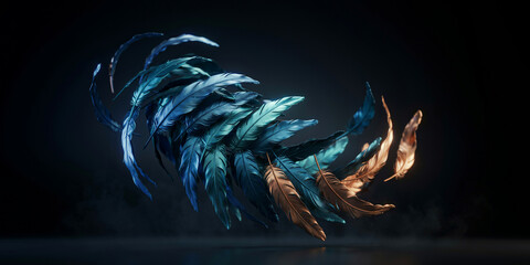 Naklejka premium Swirling blue and bronze feathers floating in dark atmosphere