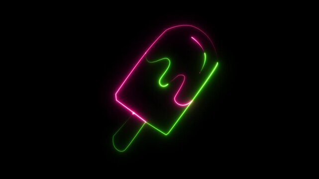  glowing neon Melting ice cream popsicle icon isolated on black background, representing frozen ice cream on stick. Motion Graphic concept.4k video animation.