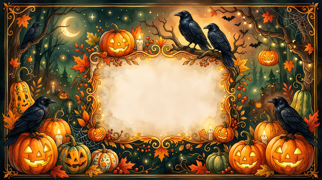 Halloween themed frame with carved pumpkins and crows perched on branch