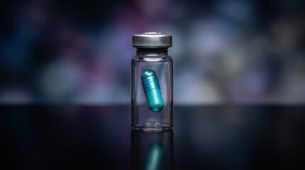 Fototapeta premium Sterile transparent vial containing a single blue metallic capsule for medical treatment
