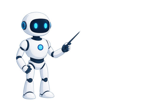 Friendly white humanoid robot pointing with stylus