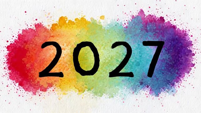 ?Colorful watercolor explosion revealing 2027 in vibrant rainbow splashes