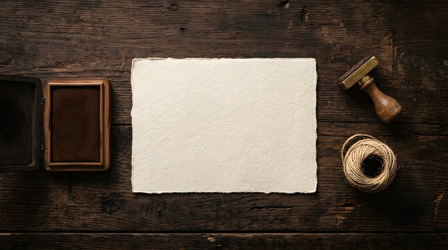 Blank Handmade Paper Card with Vintage Stamp and Twine on Rustic Desk