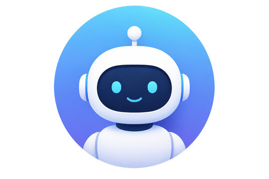 Smiling white robot mascot with blue gradient circle background