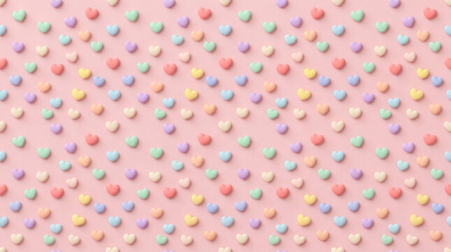 Seamless pattern of pastel colored heartshaped candies on a soft pink background