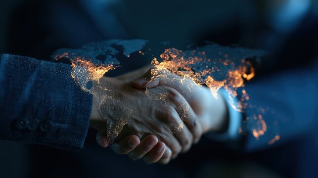 International business leaders collaborating and holding a world map, symbolizing global partnership and international strategy in a professional setting.