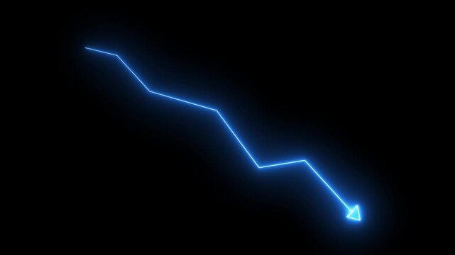 Glowing blue neon downward graph with arrow indicating decline, loss, and negative trends on a dark, abstract background.Motion graphics of concept