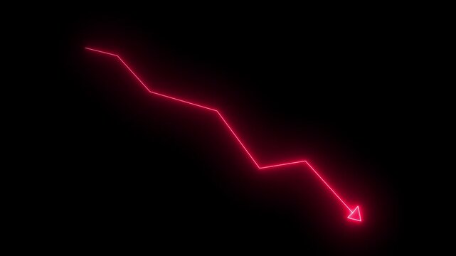 Glowing red neon downward graph with arrow indicating decline, loss, and negative trends on a dark, abstract background.Motion graphics of concept