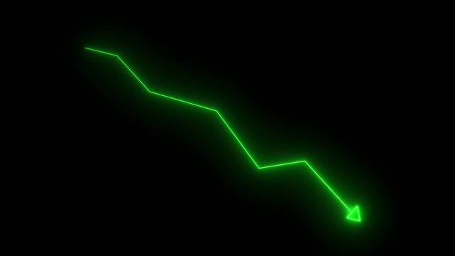 Glowing green neon downward graph with arrow indicating decline, loss, and negative trends on a dark, abstract background.Motion graphics of concept