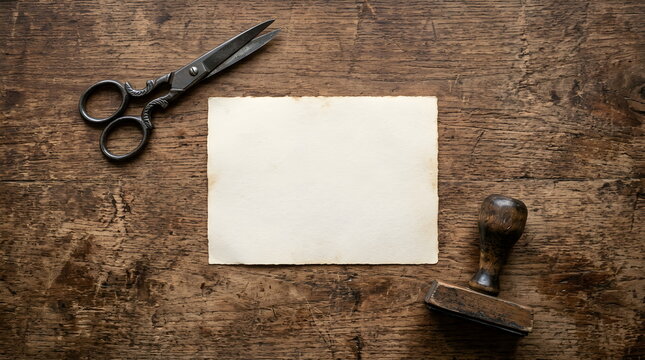 Blank Handmade Paper Card with Vintage Stamp and Scissors