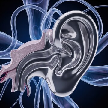 Polished Metallic Cast of Human Ear Anatomy with Sound Waves and Internal Structure, Medical Science Illustration