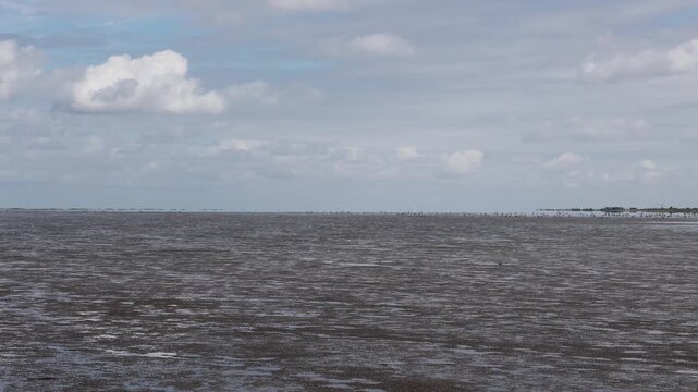 Low tide mudflats on the wadden sea with cloudy sky