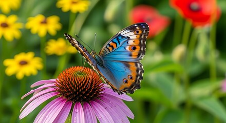 Fototapeta premium Close up of a vibrant blue butterfly resting on a purple coneflower in a lush garden filled with colorful summer flowers