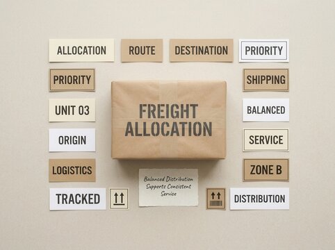 Brown cardboard box labeled freight allocation surrounded by various logistics management tags such as priority route destination and distribution service representing an efficient supply